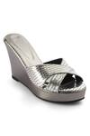 Buy_Crimzon_Silver Faux Leather Aiyana Metallic Cross Strap Wedges_at_Aza_Fashions