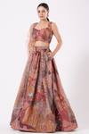Buy_Aisha Rao_Peach Indian Organza And Tulle Cutdana & Sequin, Paper Doll Print V Lehenga Set _at_Aza_Fashions