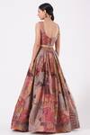 Shop_Aisha Rao_Peach Indian Organza And Tulle Cutdana & Sequin, Paper Doll Print V Lehenga Set _at_Aza_Fashions