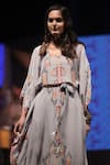 Payal Singhal_Grey Crepe Printed Ikat Carpet V Neck Afshan Kaftan _at_Aza_Fashions