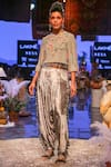 Payal Singhal_Grey Georgette Embroidered Floral Motifs Lucia Crop Top And Velvet Salwar Set_Online_at_Aza_Fashions