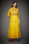 Buy_RI.Ritu Kumar_Yellow Anarkali And Gharara - Silk Chanderi Printed Floral Notched Set _at_Aza_Fashions