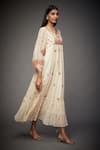 RI.Ritu Kumar_Beige Chanderi Silk Floral V Neck Dress _Online_at_Aza_Fashions