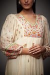Shop_RI.Ritu Kumar_Beige Chanderi Silk Floral V Neck Dress _Online_at_Aza_Fashions