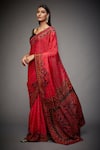 RI.Ritu Kumar_Red Viscose Printed And Embroidered Geometric Saree With Unstitched Blouse Piece _Online_at_Aza_Fashions