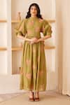 Buy_The Right Cut_Green Chanderi Silk Floral Motifs Band Collar Lucy Applique Dress _at_Aza_Fashions