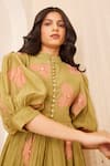 Buy_The Right Cut_Green Chanderi Silk Floral Motifs Band Collar Lucy Applique Dress _Online_at_Aza_Fashions