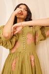 Shop_The Right Cut_Green Chanderi Silk Floral Motifs Band Collar Lucy Applique Dress _Online_at_Aza_Fashions