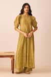 Buy_The Right Cut_Green Chanderi Silk Floral Motifs Round Khaleesi Kurta And Pant Set_at_Aza_Fashions