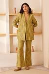 Buy_The Right Cut_Green Chanderi Silk Leaf Motifs Lapel Collar Aileana Blazer And Bootcut Pant Set_at_Aza_Fashions