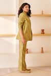 The Right Cut_Green Chanderi Silk Leaf Motifs Lapel Collar Aileana Blazer And Bootcut Pant Set_Online_at_Aza_Fashions