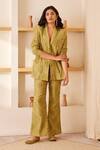 Buy_The Right Cut_Green Chanderi Silk Leaf Motifs Lapel Collar Aileana Blazer And Bootcut Pant Set_Online_at_Aza_Fashions