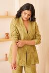 Shop_The Right Cut_Green Chanderi Silk Leaf Motifs Lapel Collar Aileana Blazer And Bootcut Pant Set_Online_at_Aza_Fashions