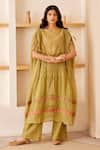 Buy_The Right Cut_Green Chanderi Silk Leaf Motifs Straight Cora Kaftan And Pant Set_at_Aza_Fashions