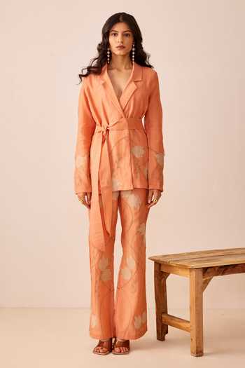 The Right Cut_Peach Chanderi Silk Leaf Motifs Notched Lapel Collar Yara Blazer And Pant Set _Online_at_Aza_Fashions