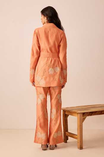 Shop_The Right Cut_Peach Chanderi Silk Leaf Motifs Notched Lapel Collar Yara Blazer And Pant Set _at_Aza_Fashions