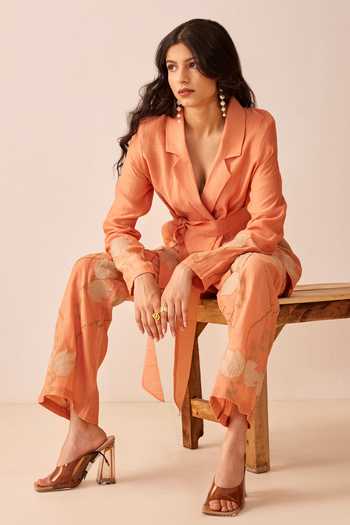 Shop_The Right Cut_Peach Chanderi Silk Leaf Motifs Notched Lapel Collar Yara Blazer And Pant Set _Online_at_Aza_Fashions