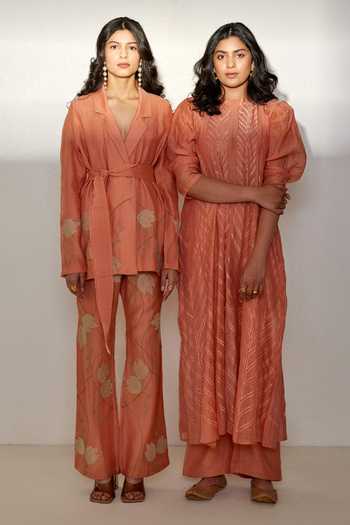 The Right Cut_Peach Chanderi Silk Leaf Motifs Notched Lapel Collar Yara Blazer And Pant Set _at_Aza_Fashions