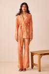 Buy_The Right Cut_Peach Chanderi Silk Yara Floral Applique Blazer_at_Aza_Fashions