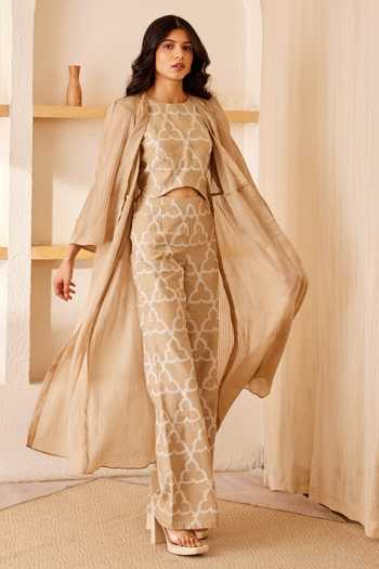 Blue modal satin jacket with chanderi sleeveless  top and chanderi pants