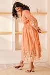 Buy_The Right Cut_Peach Chanderi Silk Applique Floral Motifs V Neck Maxine Dress _Online_at_Aza_Fashions