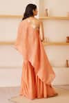 Shop_The Right Cut_Peach Chanderi Silk Applique Cape One Shoulder Oceane With Sharara Set _at_Aza_Fashions