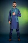 Buy_Eleven Brothers_Blue Linen Silk Ikat Print Bundi Kurta Set_Online_at_Aza_Fashions