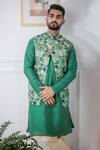 Eleven Brothers_Green Linen Silk Forest Print Bundi Kurta Set_Online_at_Aza_Fashions
