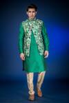 Buy_Eleven Brothers_Green Linen Silk Forest Print Bundi Kurta Set_Online_at_Aza_Fashions