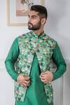 Eleven Brothers_Green Linen Silk Forest Print Bundi Kurta Set_at_Aza_Fashions