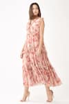 Koai_Pink Chiffon Floral Print V Neck Midi Dress _Online_at_Aza_Fashions