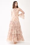 Koai_Pink Chiffon Floral Print Bow Tiered Dress _Online_at_Aza_Fashions