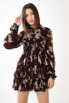 KoAi_Brown Chiffon Floral Round Short Dress _Online_at_Aza_Fashions