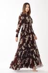Koai_Brown Chiffon Floral Print Round Tiered Dress _Online_at_Aza_Fashions
