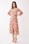 Buy_Koai_Peach Chiffon Floral Print V Neck Wrap Dress _at_Aza_Fashions
