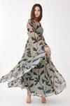 KoAi_Green Georgette Floral V Neck Kaftan Dress _Online_at_Aza_Fashions