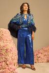 Buy_Not So Serious By Pallavi Mohan_Blue Georgette Embroidery Sequin Jumpsuit V Neck Illume With Cape _at_Aza_Fashions