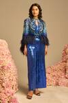 Shop_Not So Serious By Pallavi Mohan_Blue Georgette Embroidery Sequin Jumpsuit V Neck Illume With Cape _at_Aza_Fashions