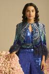 Buy_Not So Serious By Pallavi Mohan_Blue Georgette Embroidery Sequin Jumpsuit V Neck Illume With Cape _Online_at_Aza_Fashions