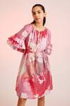 Pankaj & Nidhi_Multi Color Cotton Silk Floral Round Ruffle Sleeve Dress _Online_at_Aza_Fashions