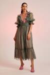 Pankaj & Nidhi_Green Organza Porta Puff Sleeve Dress_Online_at_Aza_Fashions