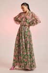 Buy Green Chiffon Embellished Floral Mandarin Porta Pleated Maxi Dress ...