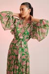 Shop_Pankaj & Nidhi_Green Chiffon Embellished Mandarin Collar Porta Tiered Maxi Dress  _Online_at_Aza_Fashions