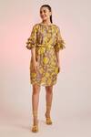 Buy_Pankaj & Nidhi_Yellow Cotton Silk Embellished Floral Solaris Ruffle Sleeve Dress  _at_Aza_Fashions