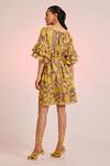 Shop_Pankaj & Nidhi_Yellow Cotton Silk Embellished Floral Solaris Ruffle Sleeve Dress  _at_Aza_Fashions
