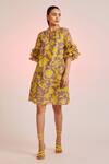 Pankaj & Nidhi_Yellow Cotton Silk Embellished Floral Solaris Ruffle Sleeve Dress  _Online_at_Aza_Fashions