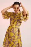 Buy_Pankaj & Nidhi_Yellow Cotton Silk Embellished Floral Solaris Ruffle Sleeve Dress  _Online_at_Aza_Fashions
