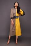 Buy_Deepika Arora_Black 100% Cotton Plain Mandarin Collar Color Block Puff Sleeve Dress _Online_at_Aza_Fashions