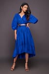 Buy_Deepika Arora_Blue 100% Cotton Plain V Neck Puff Sleeve Dress _at_Aza_Fashions