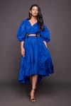 Deepika Arora_Blue 100% Cotton Plain V Neck Puff Sleeve Dress _Online_at_Aza_Fashions